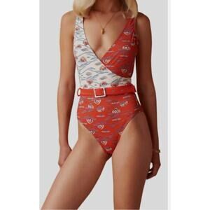 PAOLITA Artemis One Piece High Leg Swimsuit Red/Orange White Belted Womens M